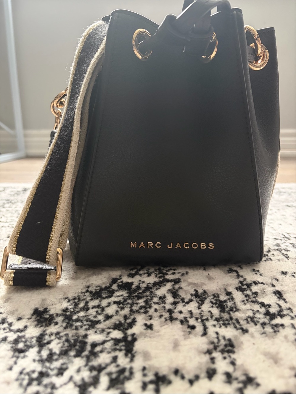 Marc Jacobs Black Leather Drawstring Bucket Crossbody with Gold Hardware